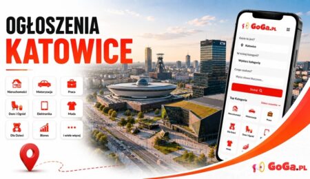 Widok na katowicki Spodek z osobą przeglądającą ogłoszenia lokalne na telefonie