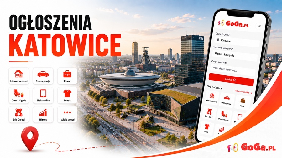 Widok na katowicki Spodek z osobą przeglądającą ogłoszenia lokalne na telefonie