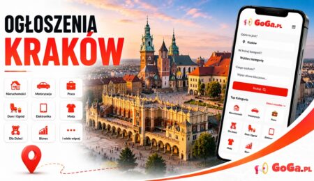 Baner promocyjny serwisu ogłoszeniowego GoGa.pl dla lokalizacji Kraków, z widokiem Rynku Głównego i Wawelu oraz podglądem aplikacji mobilnej. Ogłoszenia Kraków na GoGa.pl – serwis ogłoszeniowy z kategoriami nieruchomości, motoryzacja, praca
